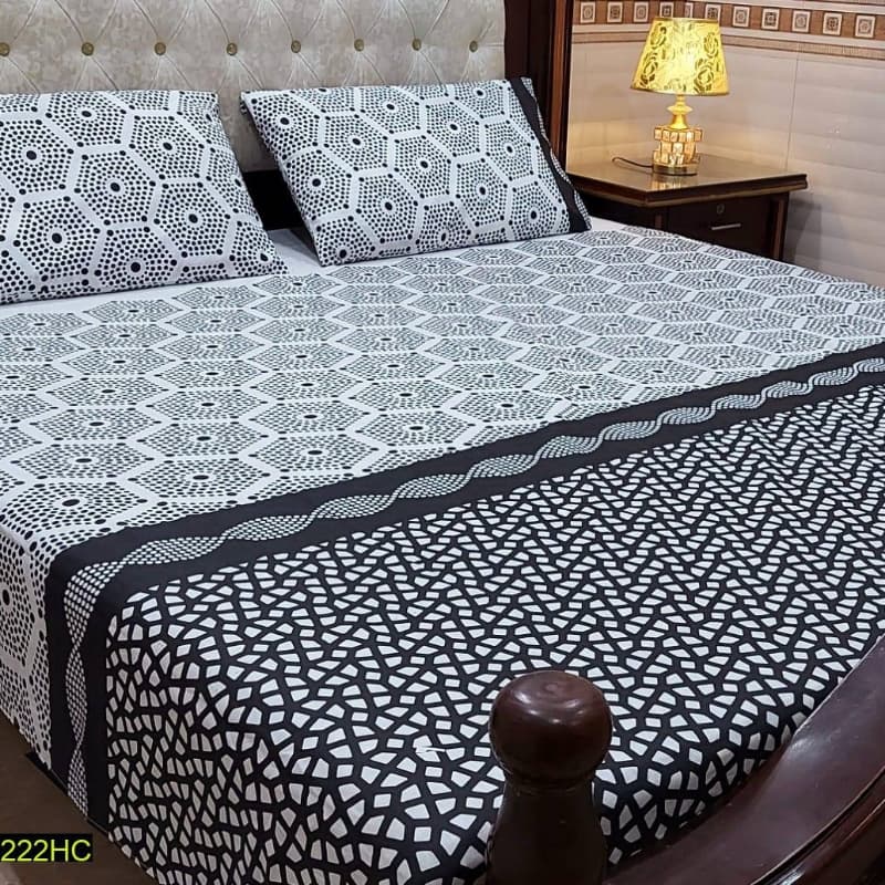 3 Pcs Digital Printed Stitched Cotton Sotton Double Bedsheet