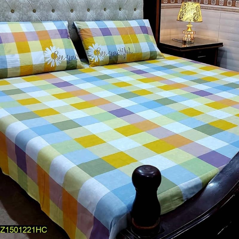 3 Pcs Digital Printed Stitched Cotton Sotton Double Bedsheet