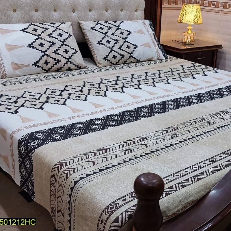 3 Pcs Digital Printed Stitched Cotton Sotton Double Bedsheet