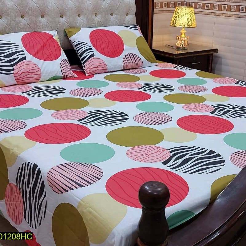 3 Pcs Digital Printed Stitched Cotton Sotton Double Bedsheet