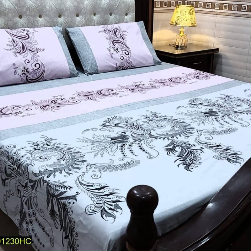 3 Pcs Digital Printed Stitched Cotton Sotton Double Bedsheet