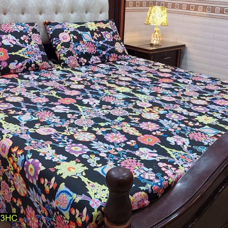 3 Pcs Digital Printed Stitched Cotton Sotton Double Bedsheet