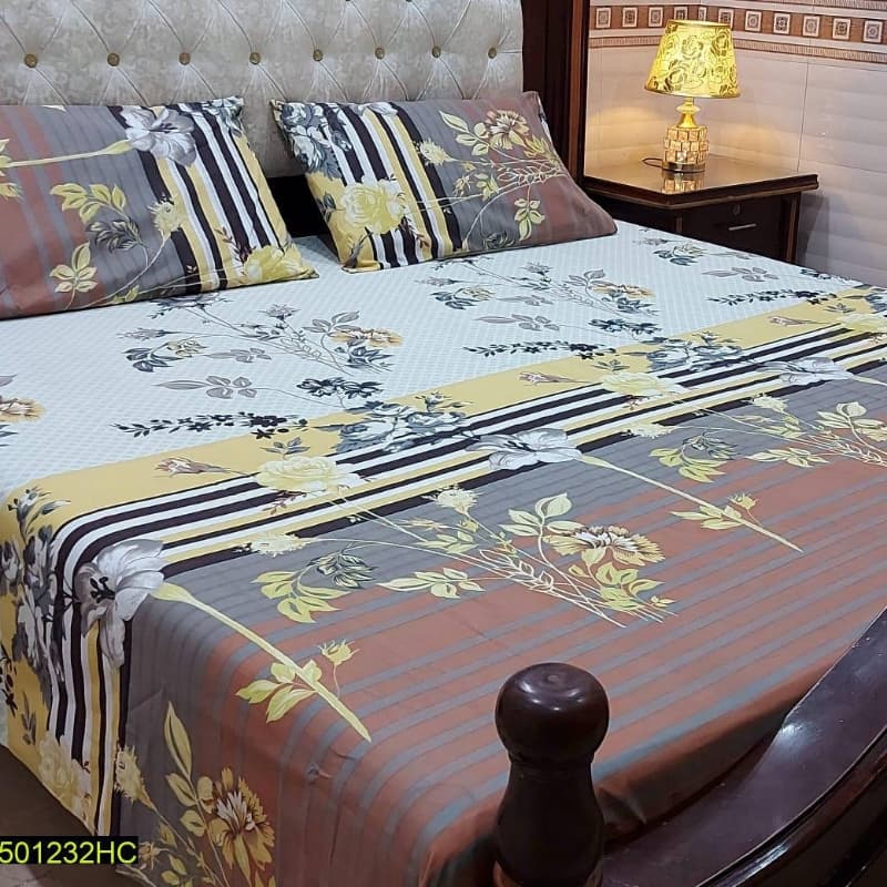 3 Pcs Digital Printed Stitched Cotton Sotton Double Bedsheet