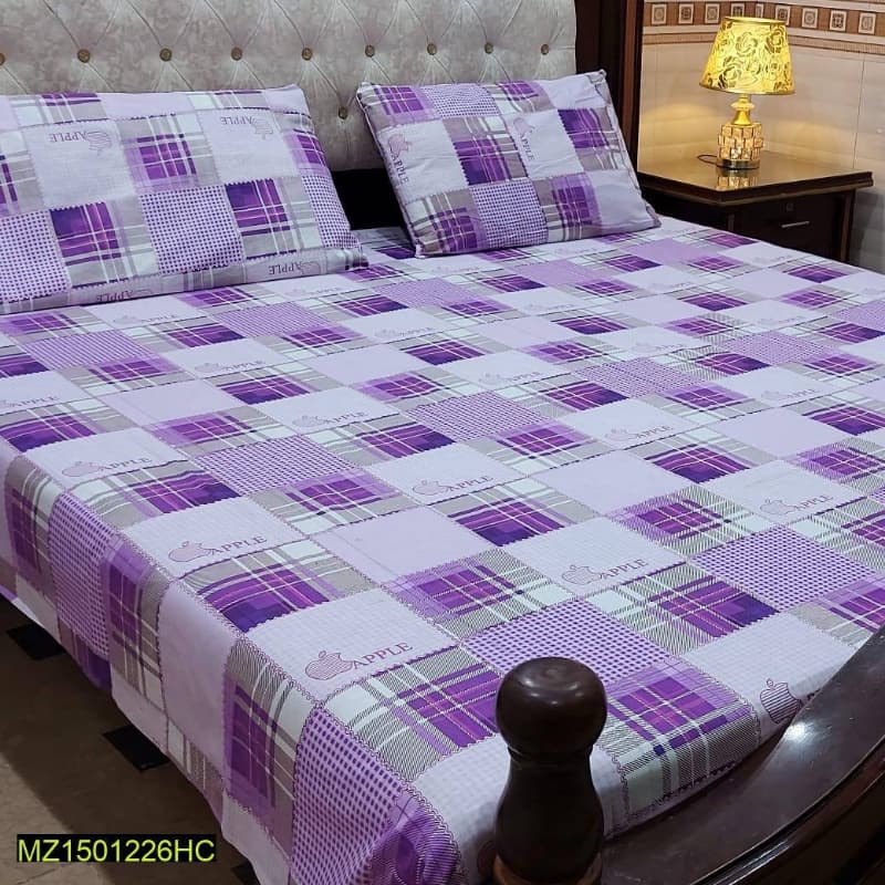 3 Pcs Digital Printed Stitched Cotton Sotton Double Bedsheet