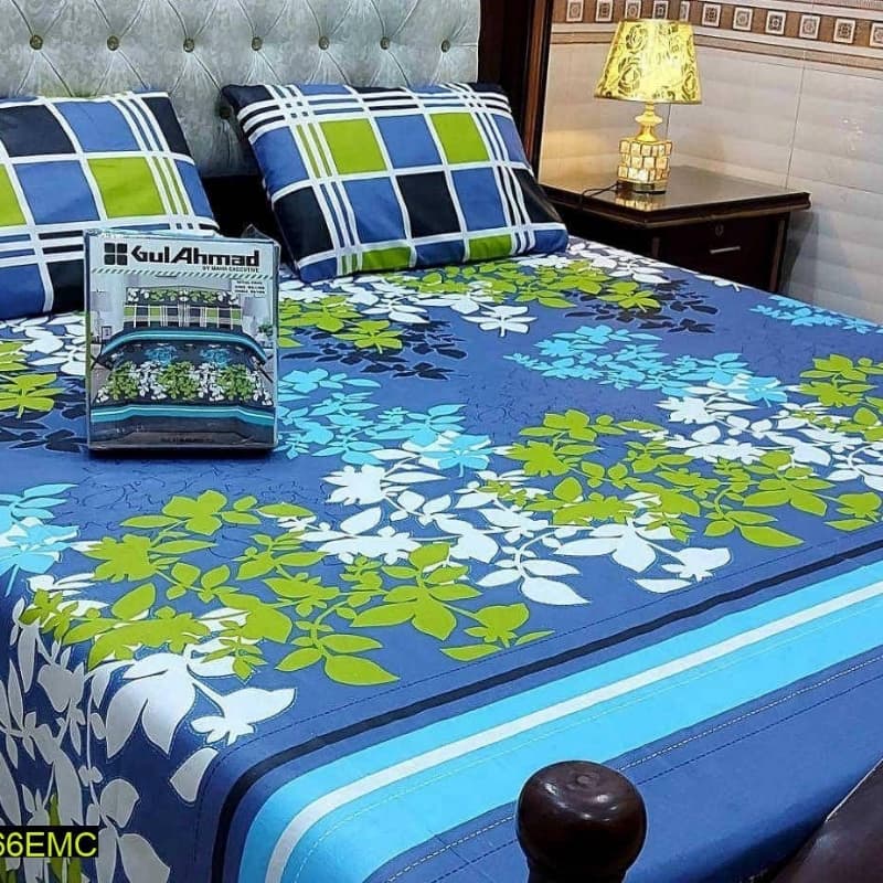 3 Pcs Digital Printed Stitched Cotton Double Bedsheet And Pillow Covers