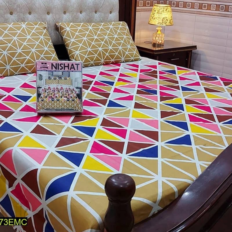 3 Pcs Digital Printed Stitched Cotton Double Bedsheet And Pillow Covers