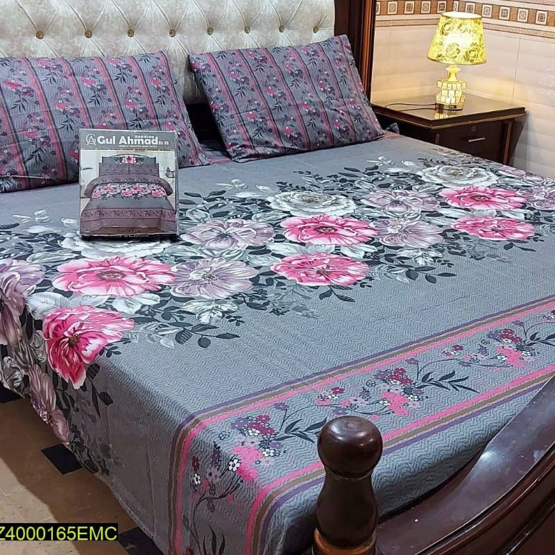 3 Pcs Digital Printed Stitched Cotton Double Bedsheet And Pillow Covers