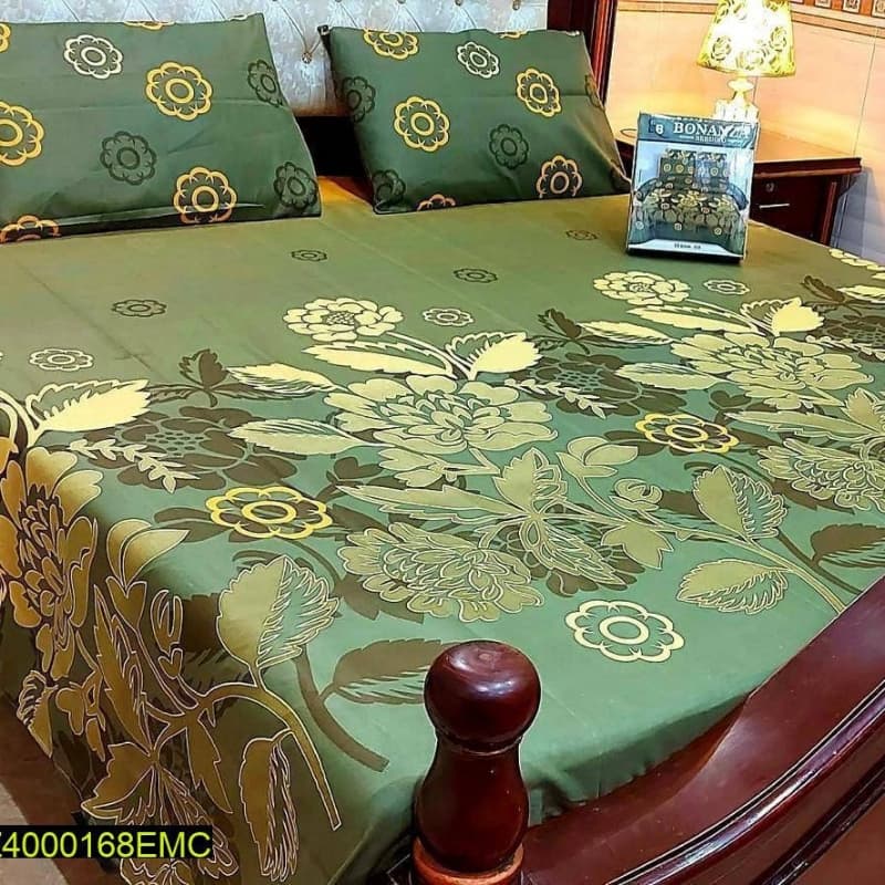 3 Pcs Digital Printed Stitched Cotton Double Bedsheet And Pillow Covers
