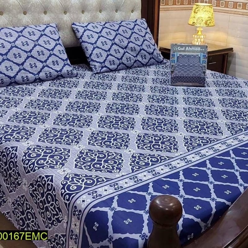 3 Pcs Digital Printed Stitched Cotton Double Bedsheet And Pillow Covers