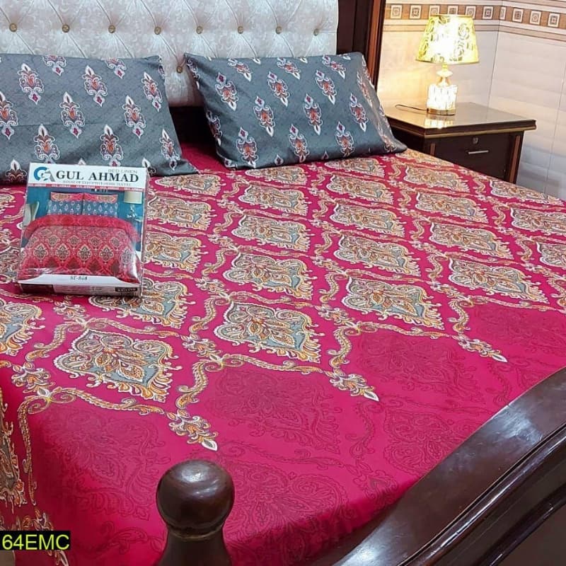 3 Pcs Digital Printed Stitched Cotton Double Bedsheet And Pillow Covers