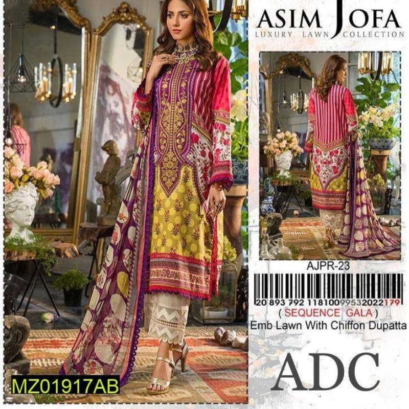3 Pcs beautiful Suit Unstiched, Inspired By Asim Jofa